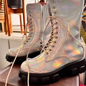 Dolls Kill Silver Combat Moto Boots with Chunky Platform